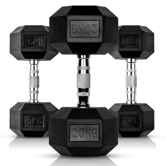 Extreme Fitness Hex Dumbbell Rubber Weights Set & Storage Rack - 7 Pair Of Dumbbells 2.5kg 5kg 7.5kg 10kg 15kg 20kg 25kg